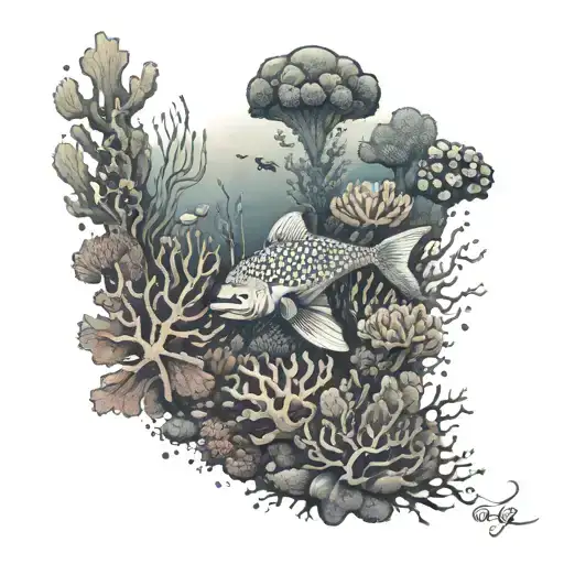 A dotwork tattoo of a stunning underwater garden filled with colorful corals and exotic sea creatures, inspired by the beauty of the ocean depths tattoo design idea