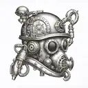 A detailed underwater scene featuring a traditional French diving helmet and tools, reflecting your occupation as a chaudronnier tattoo design idea