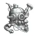 A detailed underwater scene featuring a traditional French diving helmet and tools, reflecting your occupation as a chaudronnier tattoo design idea