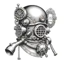 A detailed underwater scene featuring a traditional French diving helmet and tools, reflecting your occupation as a chaudronnier tattoo design idea