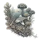 A dotwork tattoo of a stunning underwater garden filled with colorful corals and exotic sea creatures, inspired by the beauty of the ocean depths tattoo design idea