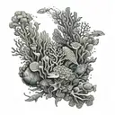 A dotwork tattoo of a stunning underwater garden filled with colorful corals and exotic sea creatures, inspired by the beauty of the ocean depths tattoo design idea