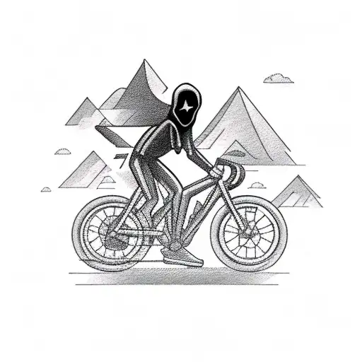 A road bike with a dark and mysterious hooded figure riding it tattoo design idea