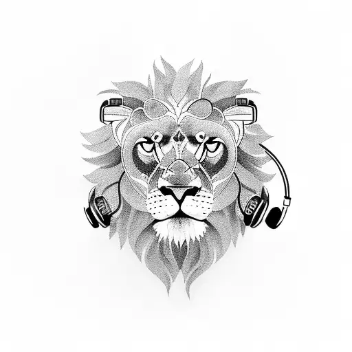 A blackwork tattoo showcasing a majestic lion with headphones surrounded by vibrant musical notes tattoo design idea