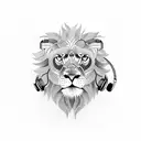 A blackwork tattoo showcasing a majestic lion with headphones surrounded by vibrant musical notes tattoo design idea