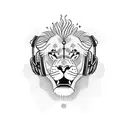 A blackwork tattoo showcasing a majestic lion with headphones surrounded by vibrant musical notes tattoo design idea