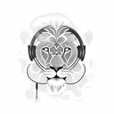 A blackwork tattoo showcasing a majestic lion with headphones surrounded by vibrant musical notes tattoo design idea