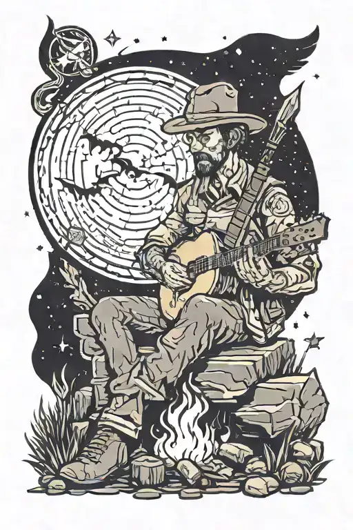 a man sitting at a campfire at night playing guitar next to a soldiers memorial with the bat signal in the night sky tattoo design idea