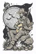 a man sitting at a campfire at night playing guitar next to a soldiers memorial with the bat signal in the night sky tattoo design idea