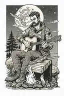 a man sitting at a campfire at night playing guitar next to a soldiers memorial with the bat signal in the night sky tattoo design idea