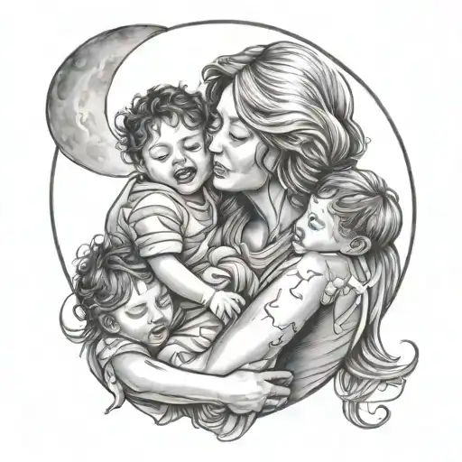 mother hugging 3 children The moon tattoo design idea