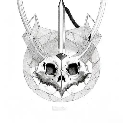 a cat skull with 9 different Claymore swords stabbing through it tattoo design idea