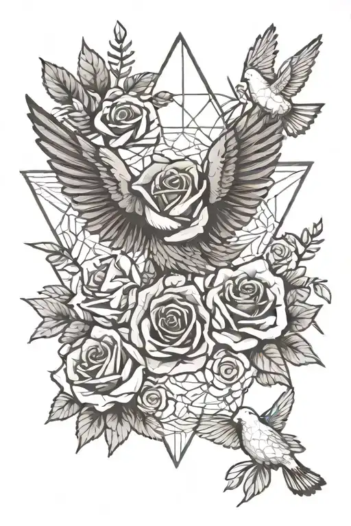 Rose and doves flying with the last name dugas tattoo design idea