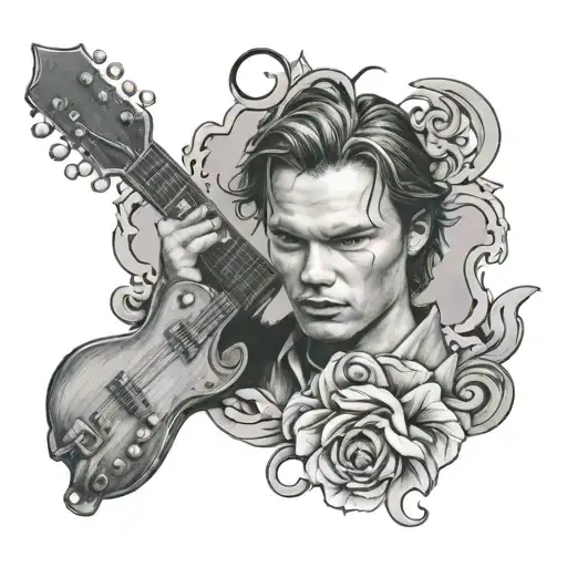 A portrait tattoo of River Phoenix playing a guitar, with intricate black and grey shading to capture his essence and love for music tattoo design idea