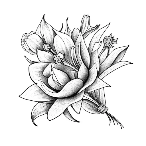 bouquet with lily, daffodil, marigold and violet tattoo design idea