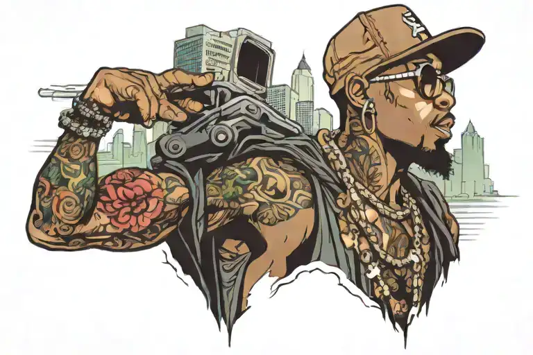 Gangsta rapper surrounded by skyscrapers tattoo design idea