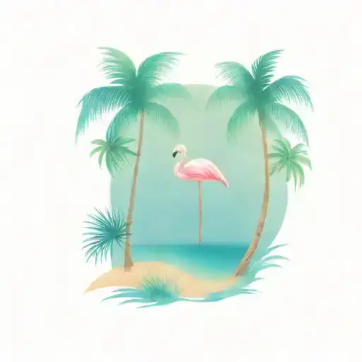 beach with pink flamingo and palm tree tattoo design idea