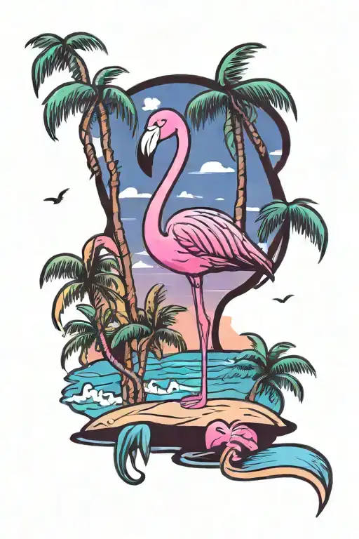 beach with pink flamingo and palm tree tattoo design idea