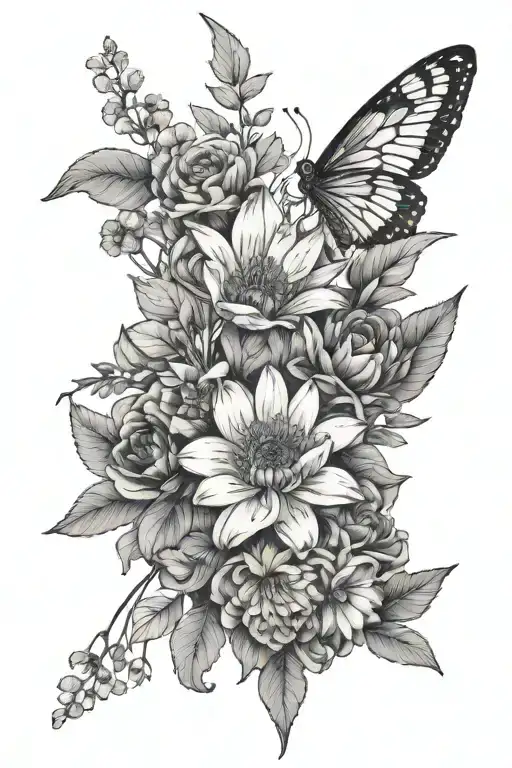 Design a tattoo that is ~5 inches in length and 3 inches wide to go on a female bicep of a bouquet of wildflowers includ tattoo design idea