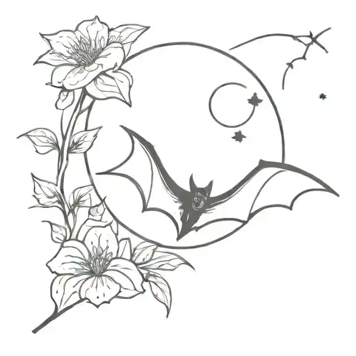 bat with moon and flowers growing tattoo design idea