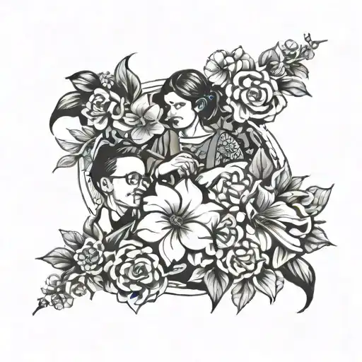 A tattoo design of a teacher guiding a group of diverse students with flowers blooming around them tattoo design idea