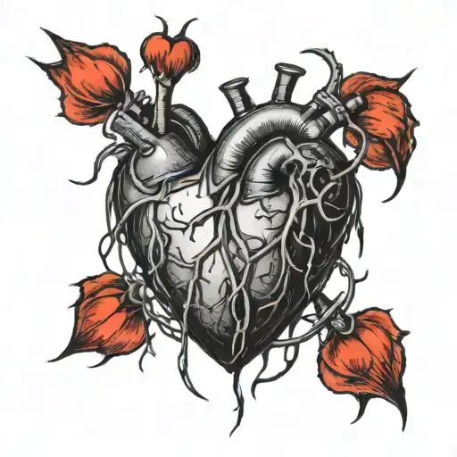 An anatomically correct heart that is black, wrapped in pointy barbed wire. drawing. That is dripping with black blood i tattoo design idea