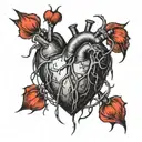 An anatomically correct heart that is black, wrapped in pointy barbed wire. drawing. That is dripping with black blood i tattoo design idea