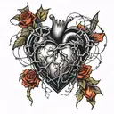 An anatomically correct heart that is black, wrapped in pointy barbed wire. drawing. That is dripping with black blood i tattoo design idea