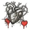An anatomically correct heart that is black, wrapped in pointy barbed wire. drawing. That is dripping with black blood i tattoo design idea