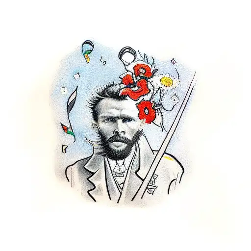 A traditional tattoo of a teacher holding a bouquet of van Gogh's Flowers, with musical notes floating around tattoo design idea
