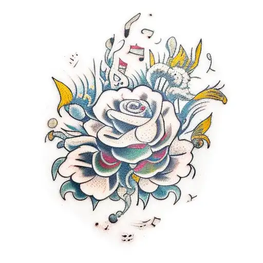 A traditional tattoo of a teacher holding a bouquet of van Gogh's Flowers, with musical notes floating around tattoo design idea