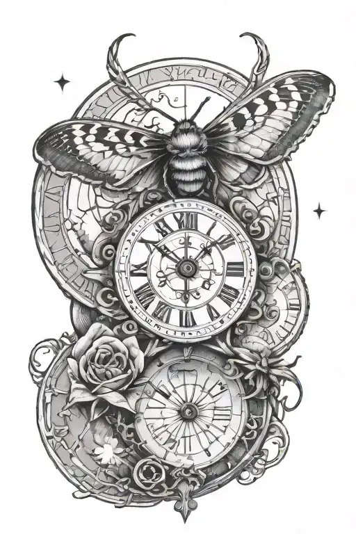 death moth surrounded by moon and clock face tattoo design idea