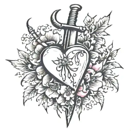 broken heart with daggers and blooming bleeding flowers tattoo design idea