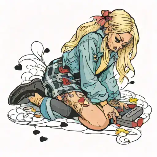 Blonde bratz girl crying on the floor with broken hearts on the sides tattoo design idea