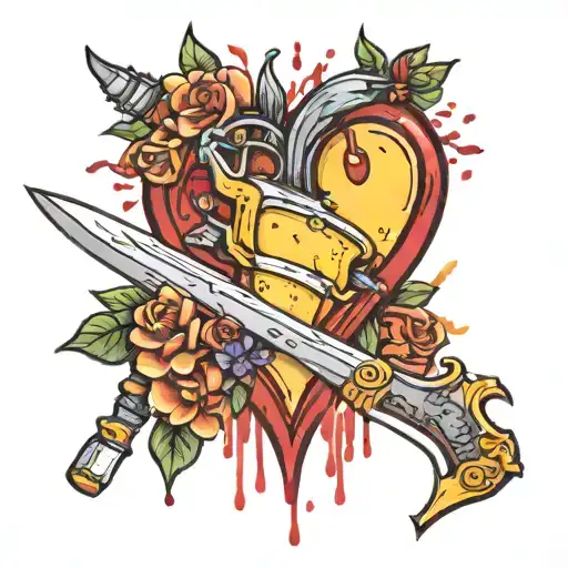 broken heart with a dagger and bleeding flowers in color tattoo design idea