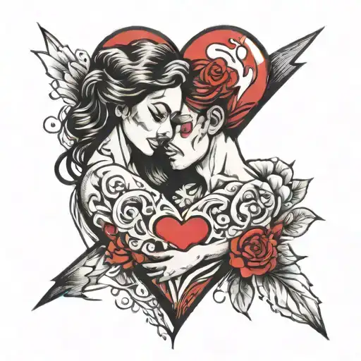 drawing of a couple with a broken heart in the middle tattoo design idea