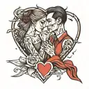 drawing of a couple with a broken heart in the middle tattoo design idea