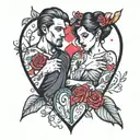 drawing of a couple with a broken heart in the middle tattoo design idea