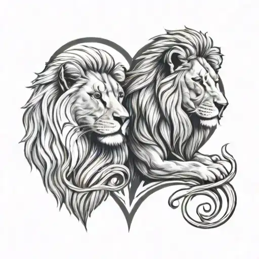 male and female lion love heart tattoo design idea