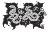 Create a black tattoo with the text, "Bite, or get bitten." Use snake imagery. tattoo design idea