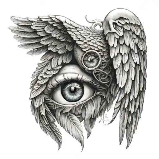 A pair of angel wings intertwined with a realistic eye and a heart symbol tattoo design idea