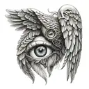 A pair of angel wings intertwined with a realistic eye and a heart symbol tattoo design idea