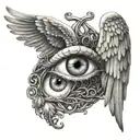 A pair of angel wings intertwined with a realistic eye and a heart symbol tattoo design idea