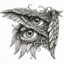 A pair of angel wings intertwined with a realistic eye and a heart symbol tattoo design idea