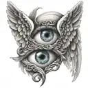 A pair of angel wings intertwined with a realistic eye and a heart symbol tattoo design idea