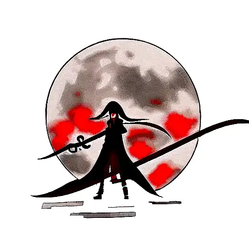 grim reaper with scythe, black and red, blood, moon tattoo design idea