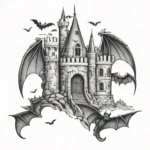 castles with bats flying tattoo design idea