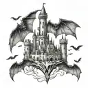 castles with bats flying tattoo design idea
