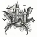 castles with bats flying tattoo design idea