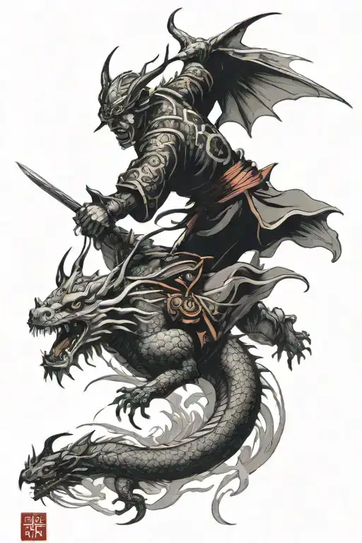 warrior vs dragon flying tattoo design idea